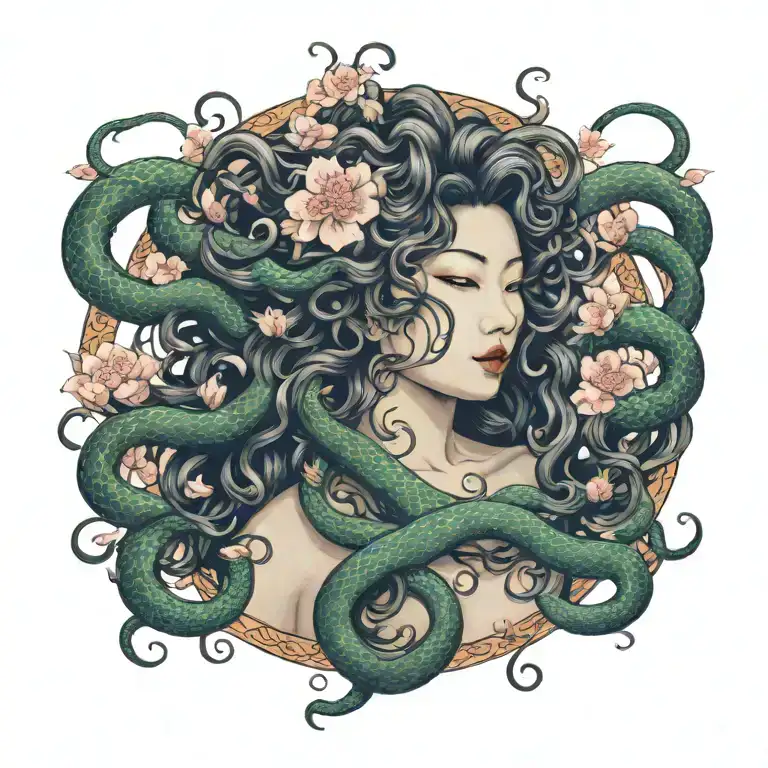 Medusa With Snakes In The Hair And Sakura Blooming In Background