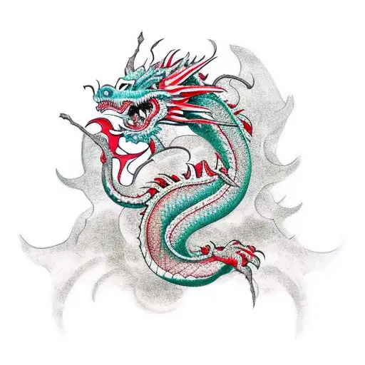 Japanesse Dragon Whit Salura And Blood Flowers