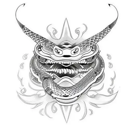 Japanese Theme Leg Sleeve With Snake Going Through Hanya Mask Mouth