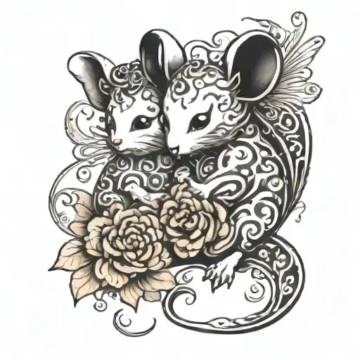 Tattoo Sketch Black And White Curly Mice Angels
