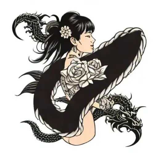 Japanese Women With Rose Petals And A Dragon Wrapped