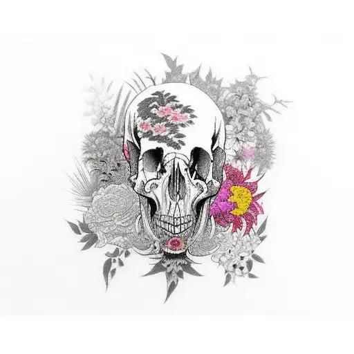 A Realistic Taxidermy Scene With Various Animal Skulls Surrounded By Lush Plants And Flowers