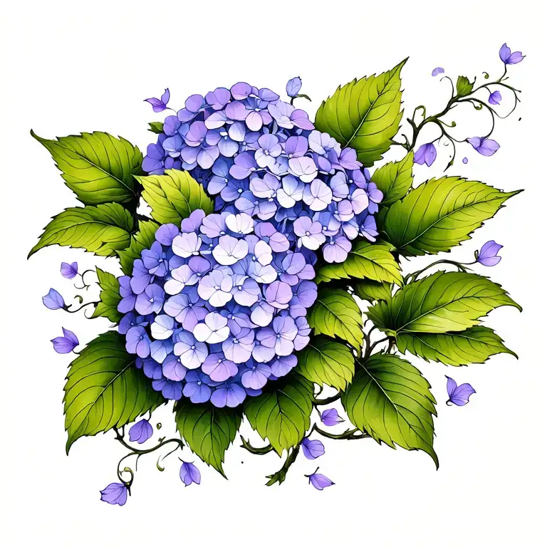Purple Hydrangea With Vines And Petals Flowing