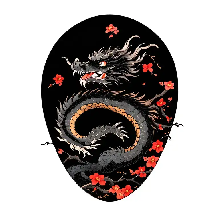 Japanese Dragon With Cherry Tree And Blossoms Made In Blackwork