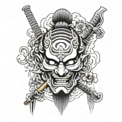 Samurai Mask Half And Other Half Have A Temple Surrounded
