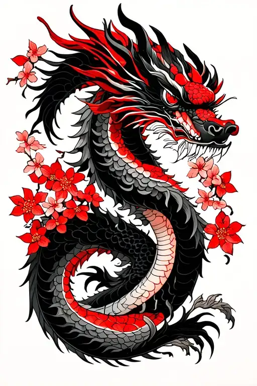 Japanese Dragon With Cherry Tree And Blossoms Made In Blackwork