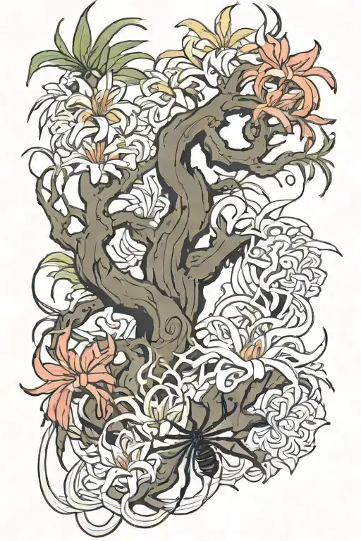 Dead Tree In Background And Spider Lily Infront On The Bottom Half