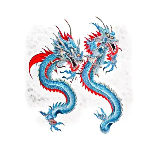 Spine Tattoo Of Two Chinese Dragons One Black One Red In A Hyper Sigilism Style
