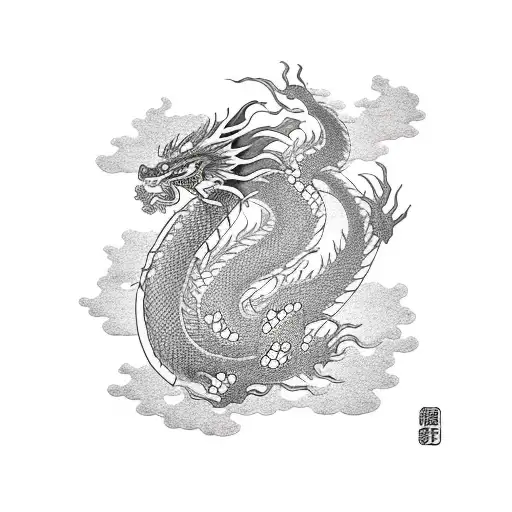 Ryu Dragon Surround By Cherry Blossoms Black And White