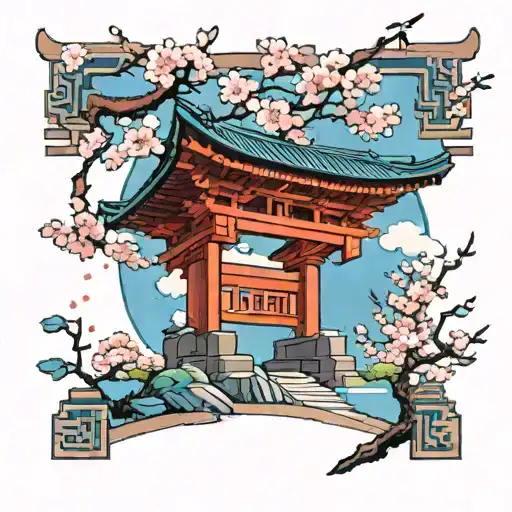 Torii Gate With Cherry Blossom Tree And Petals Falling Down And Blue Herron Landing