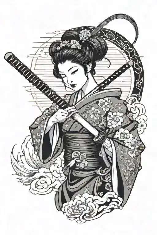 Black And White Geisha Holding A Katana