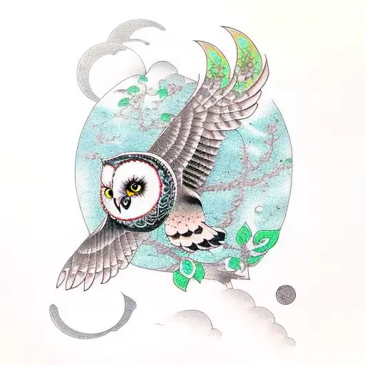 Owl Taking Flight With A Moon And Flowers With A Spider