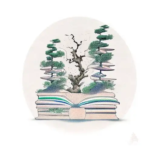 A Stack Of Five Books With Tree Growing Out The Top