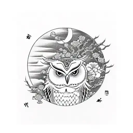 Vertical Japanese Saying With A Moon An Owl And Flowers