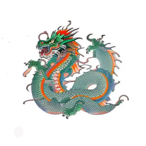 Japaneese Green And Orange Multicolored Dragon