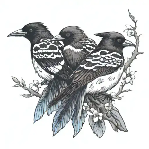 2 Baby Magpies With 1 Adult Magpie