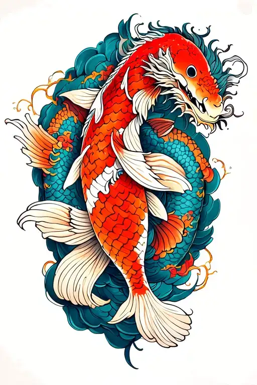 Orange Red Koi Fish In Upper Arm And Dragon In Fore Arm