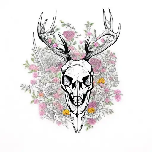 Deer Skull Surrounded By Flowers