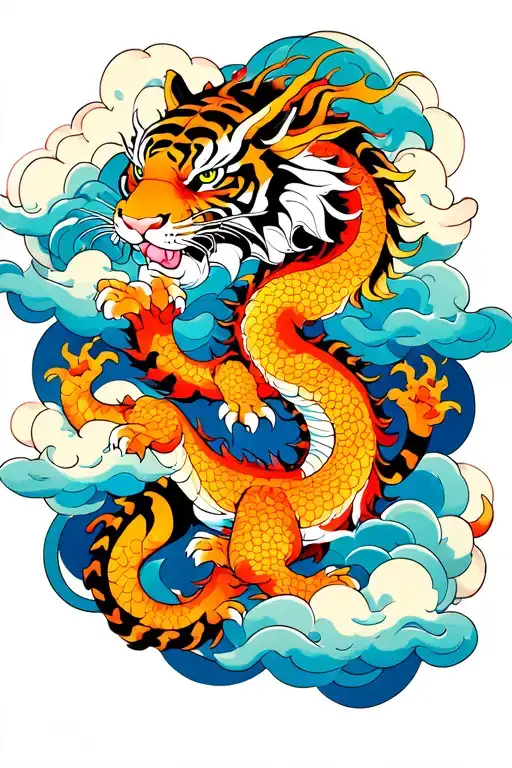 Dragon And Tiger In A Clouds Surrounding
