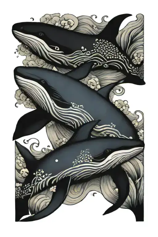 Mama Whale And Two Baby Whales Swimming