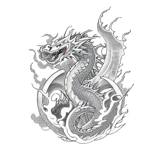 A Fierce Dragon Breathing Fire Surrounded By Crashing Waves