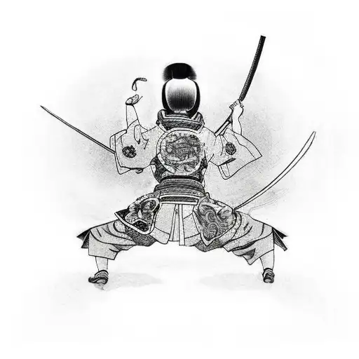 A Female Samurai From The Back With A Broken Katana And A Rasingan In The Other Hand