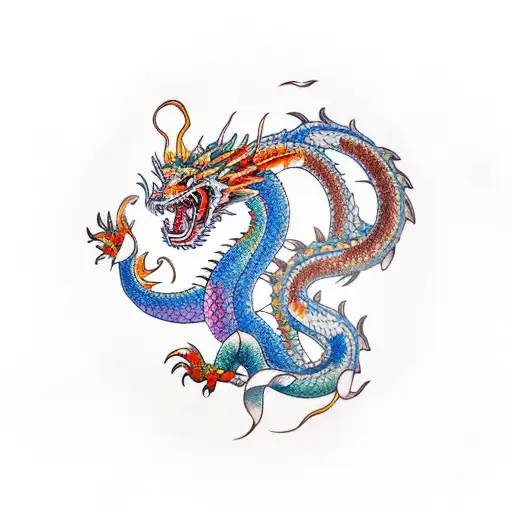 Coloured Dragon With Koi Fish For Arm