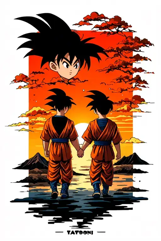 Goku Holdning Hands With His To Sons Walking In The Sunset