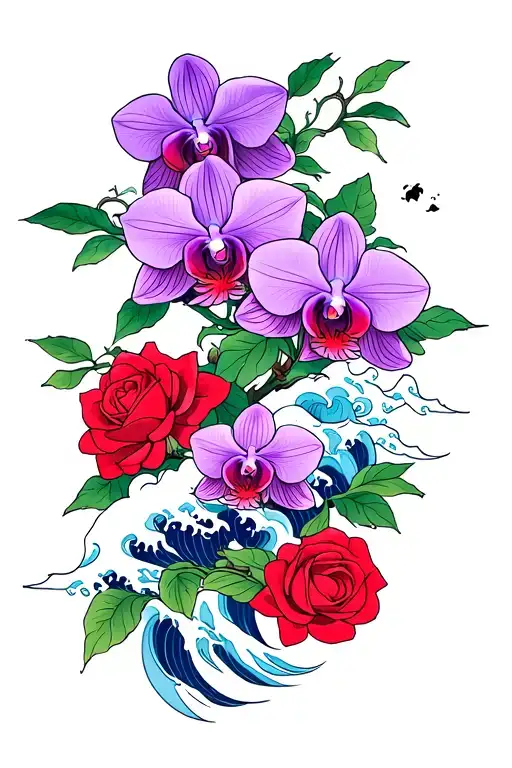 Purple Orchids With Red Roses And Japanese Waves