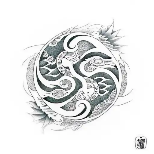 Yin And Yang Fish As Flowers Flowing Through Japanese Waves