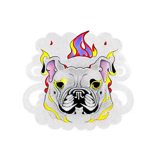 Traditonal Bulldog With Flames Around The Dog