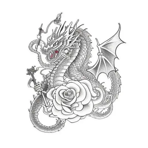 Rose Combined With A Sword With A Dragon On Top Of It