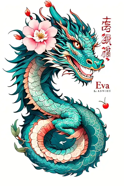 First Name Eva With A Dragon And Cherry Blossoms