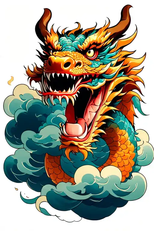 Traditional Japanese Dragon Head Emerging Through Clouds