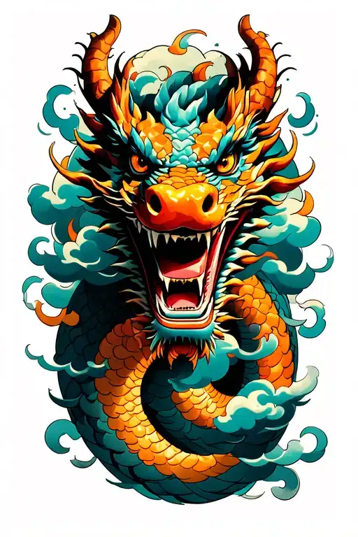Traditional Japanese Dragon Head Emerging Through Clouds