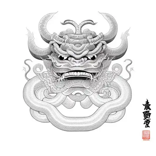 Oni Mask With Snake Fighting With Demons
