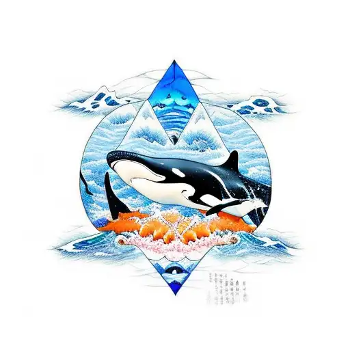 Killer Whale And Tiger Shark Circling Each Other With An Inverted Triangle For Water Sign