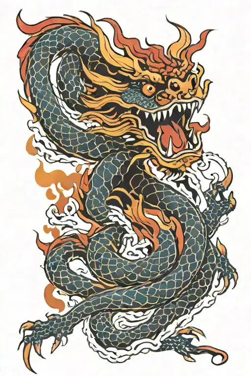 Red And Orange Dragon With Flames