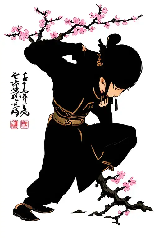 Japaness Samuri Leaning Aginsit A Cherry Blossom Tree