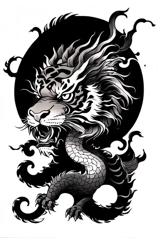 Combination Of Dragon And Tiger Above Cloud In The Night