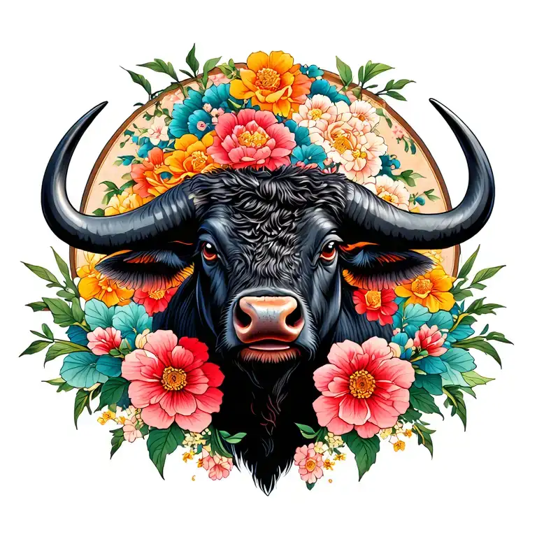 Cape Buffalo Surrounded In Floral Design