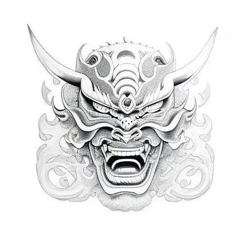 A Menacing Oni Mask With Intricate Black And Grey Shading
