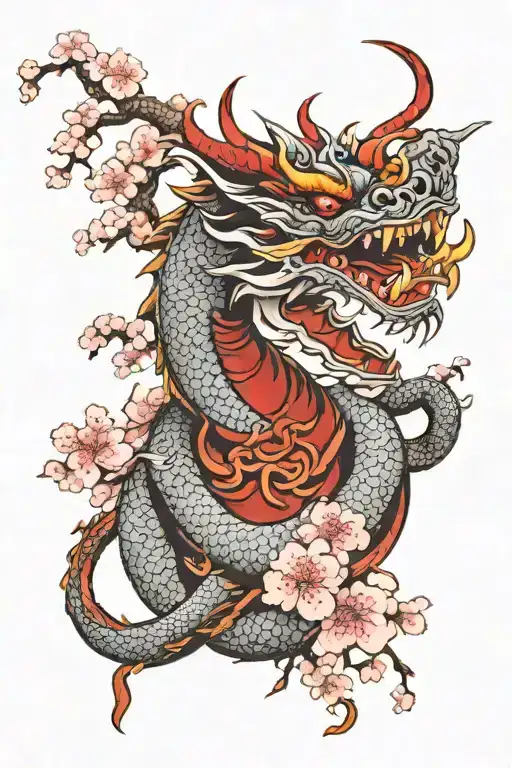 Dragon Intertwined With Oni Mask And Cherry Blossoms