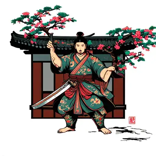 Ssmurai Standing With Sword Drawn Under Cherry Tree