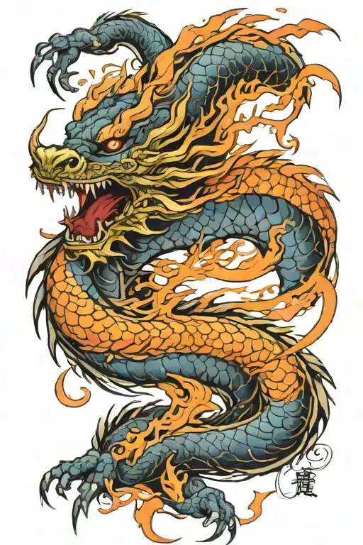 A Futuristic Japanese Dragon Blending Traditional And Fire And Demon Elements