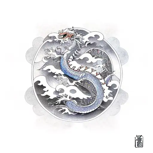 Japanese Dragon With Clouds And Lotuses