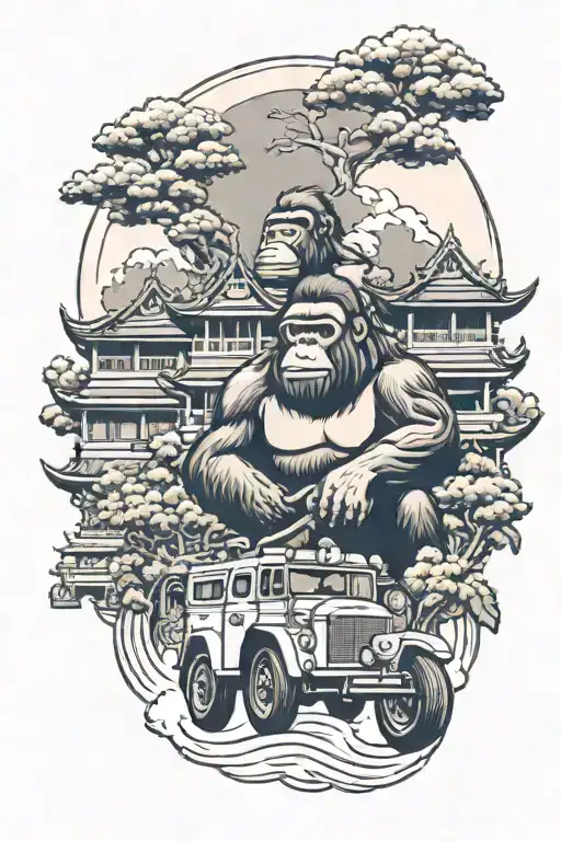 Create A Tattoo Inspired By Thai Architecture Featuring A Gorilla Driving An Ambulance