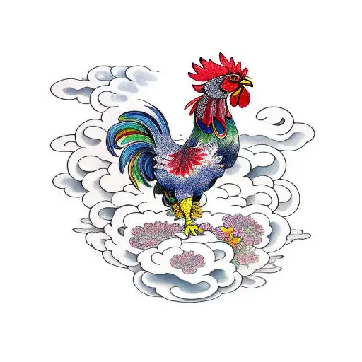 Color Half Sleeve Fighting Rooster With Clouds And Flowers In The Background