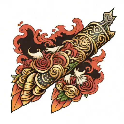 An Arm Sleeve Tattoo Featuring A Roman Gauntlet With A Slim Scroll Wrapped Around It Loosely