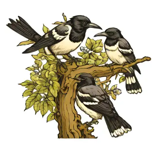 3 Magpies 2 Baby Magpie And 1 Magpje